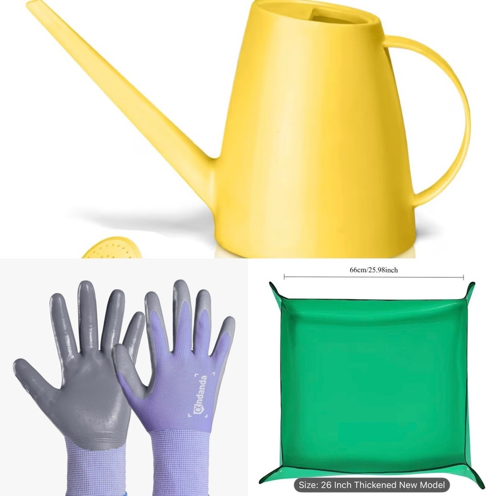 Garden Bundle Yellow Watering Can with Gardening Gloves and Green Mat NWT